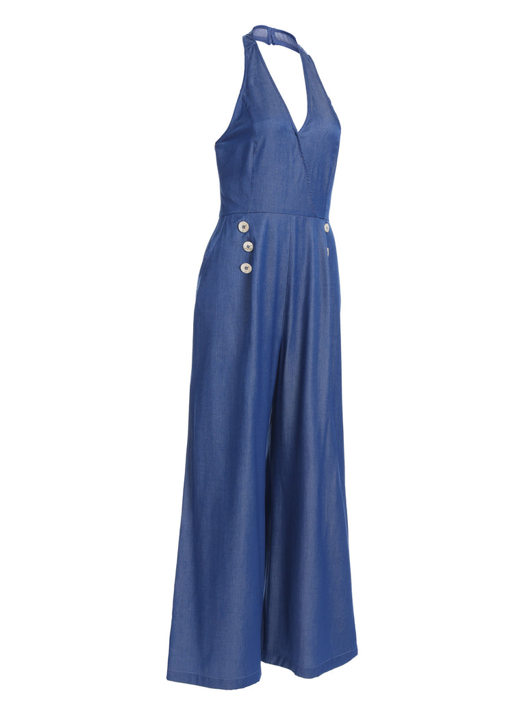 Blue 1930s Button Halter Solid Jumpsuit