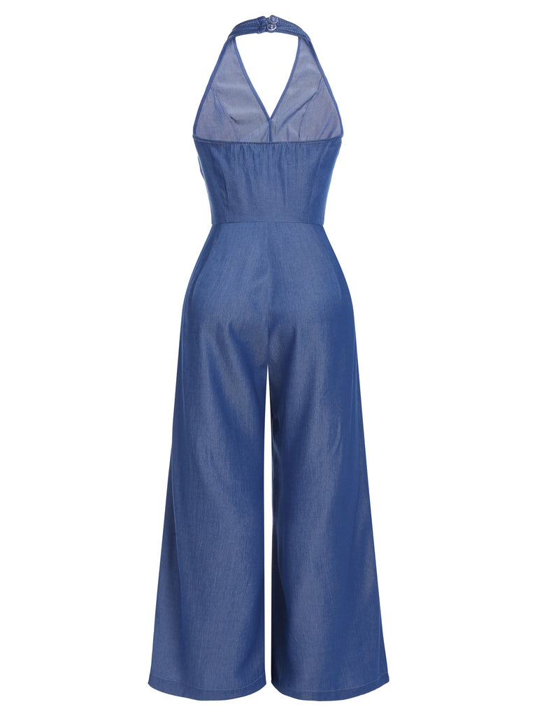 Blue 1930s Button Halter Solid Jumpsuit