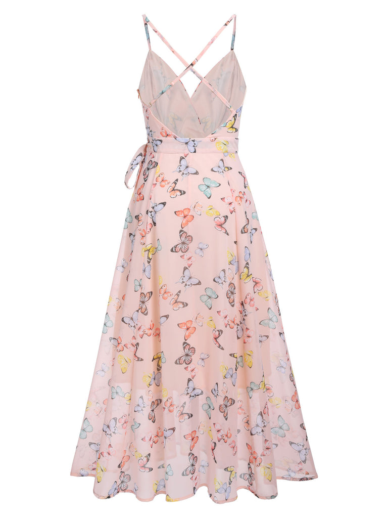 Light Pink Floral Strap Lace-up Vintage Dress