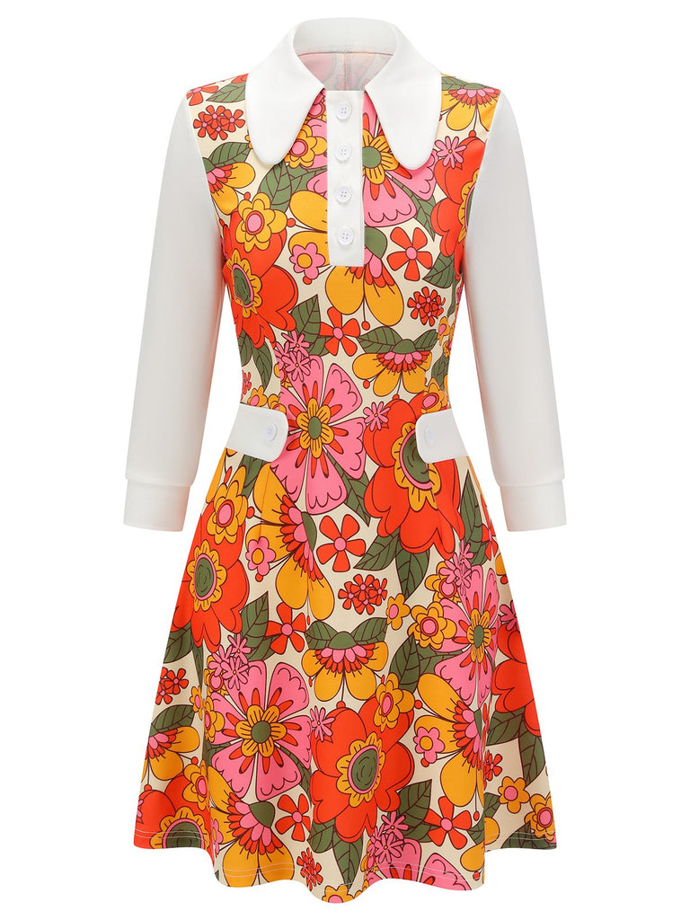 Orange 1960s Lapel Flowers Patchwork Dress