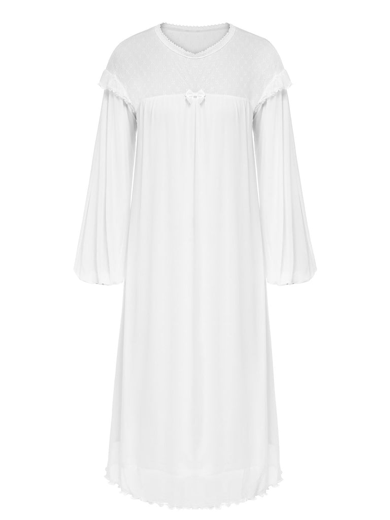 White 1960s Solid Lantern Sleeve Nightgown