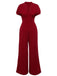 Wine Red 1930s V-neck Solid Wrap Jumpsuit