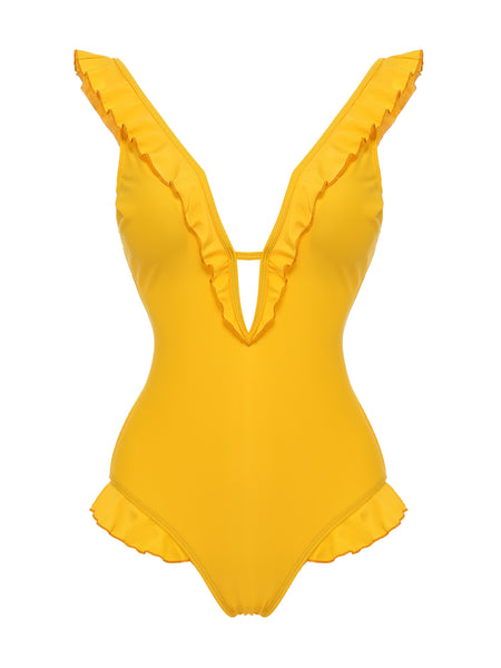 Yellow V-Neck One-piece Swimsuit – Retro Stage - Chic Vintage Dresses ...