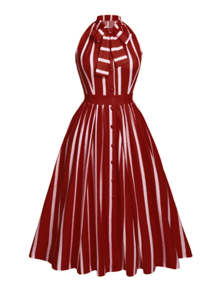 Wine Red 1950s Stripes Bow Swing Dress