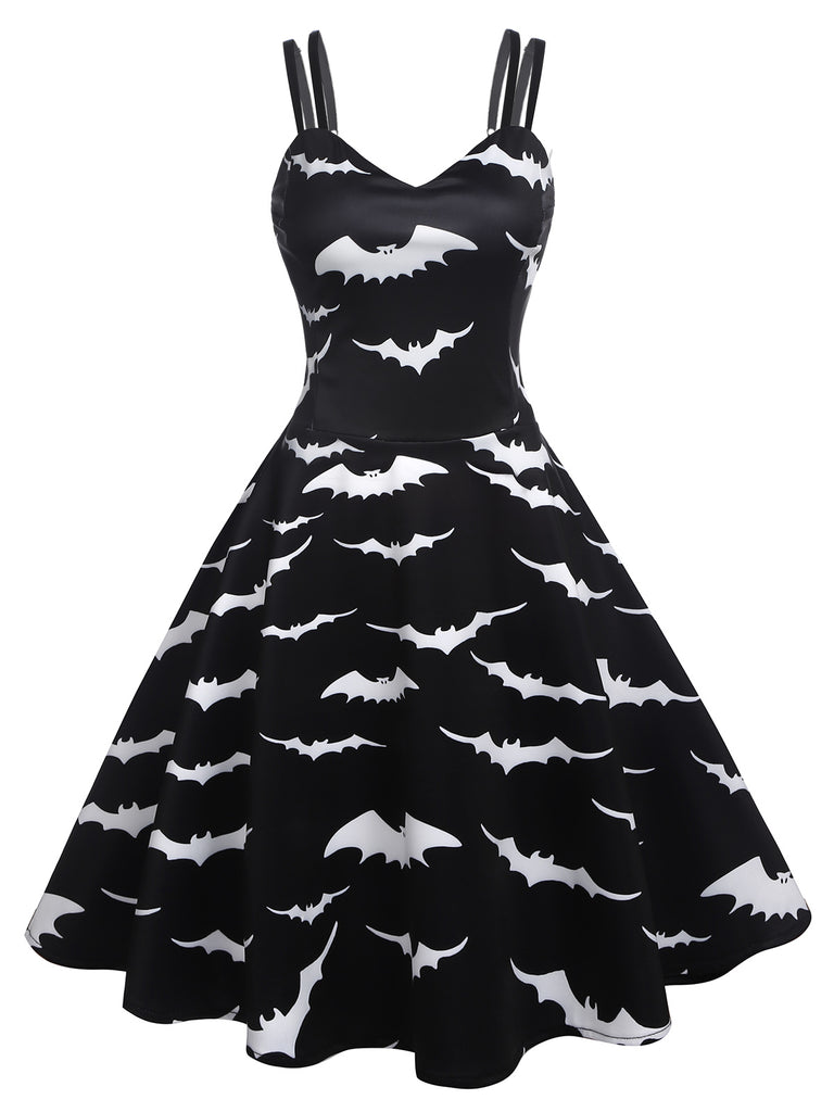 black 1950s butterfly swing dress