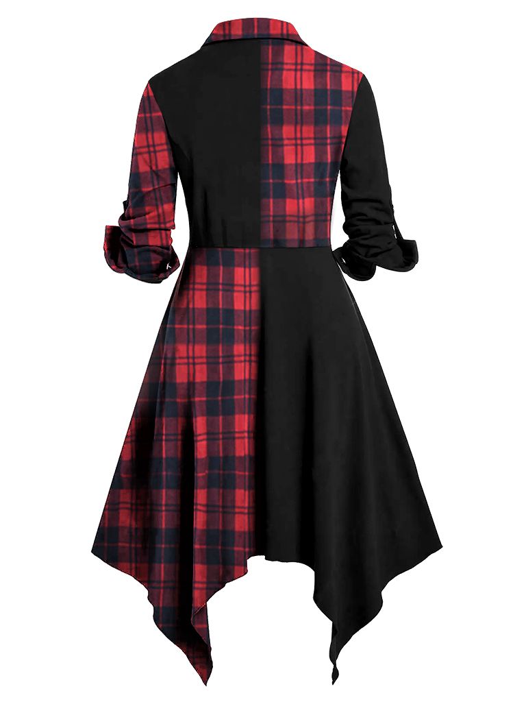 1950s Plaid Patchwork Belt Button Dress