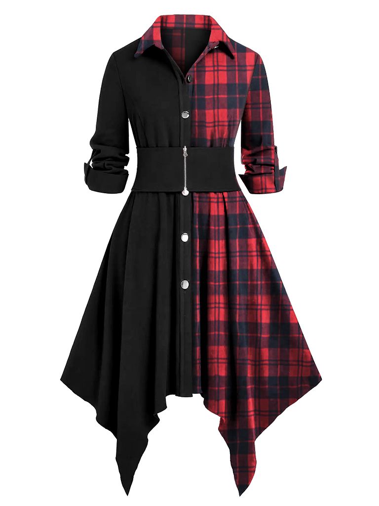 1950s Plaid Patchwork Belt Button Dress