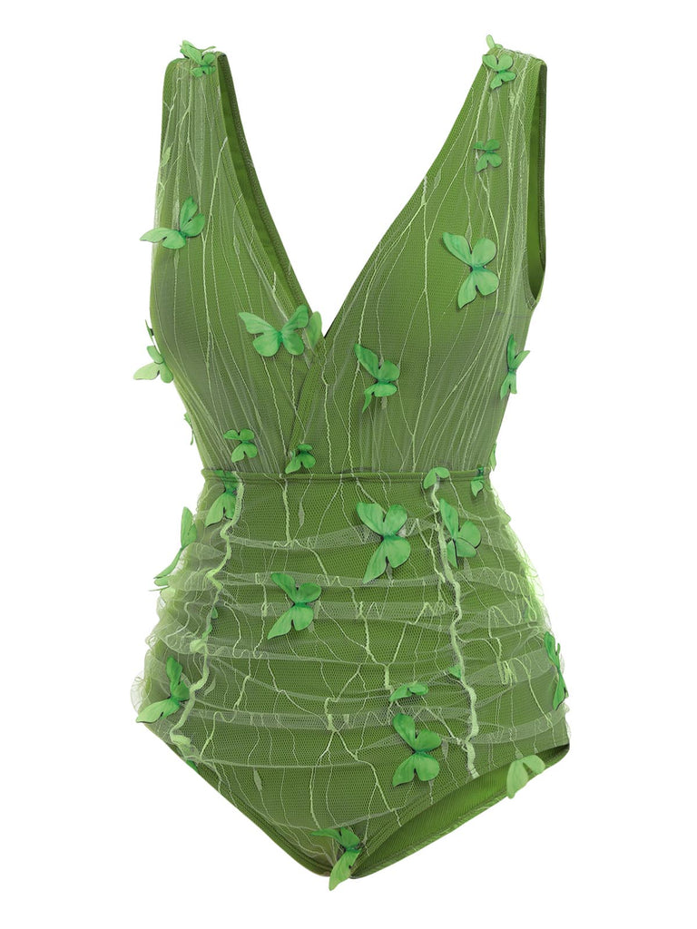 Green 1960s 3D Butterfly Mesh Swimsuit