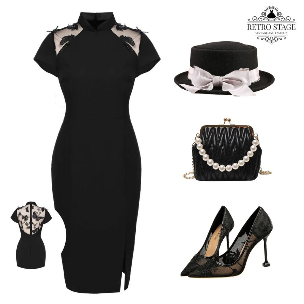 Black 1960s Butterfly Backless Pencil Dress – Retro Stage - Chic ...