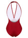 Wine Red 1950s Floral Backless Swimsuit