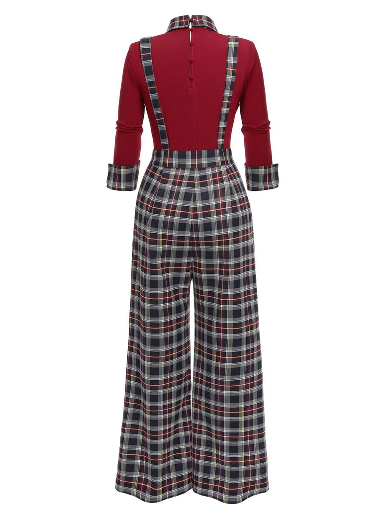 2PCS 1930s Red Plaid Lapel Tops & Plaid Pants