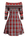 Red 1950s Plaid Off-shoulder Swing Dress