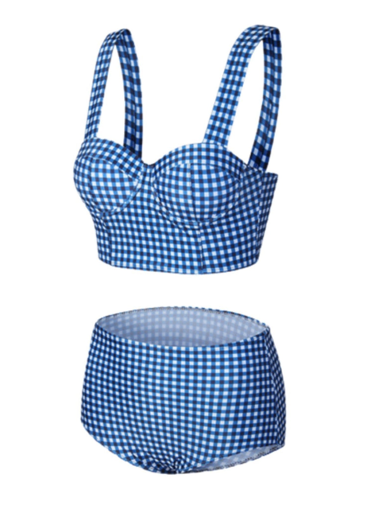 Blue 1950s Retro Plaid Strap Bikini Set