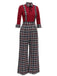 2PCS 1930s Red Plaid Lapel Tops & Plaid Pants