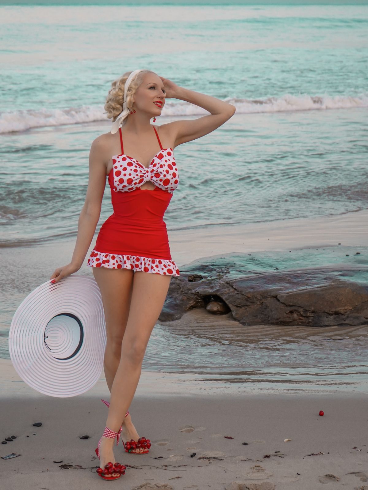 1930s Polka Dot Bowknot Patchwork Swimsuit