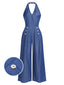 Blue 1930s Button Halter Solid Jumpsuit