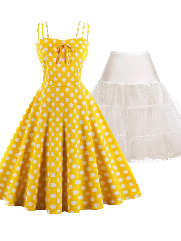 yellow dress with white polka dots