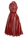 Wine Red 1950s Stripes Bow Swing Dress