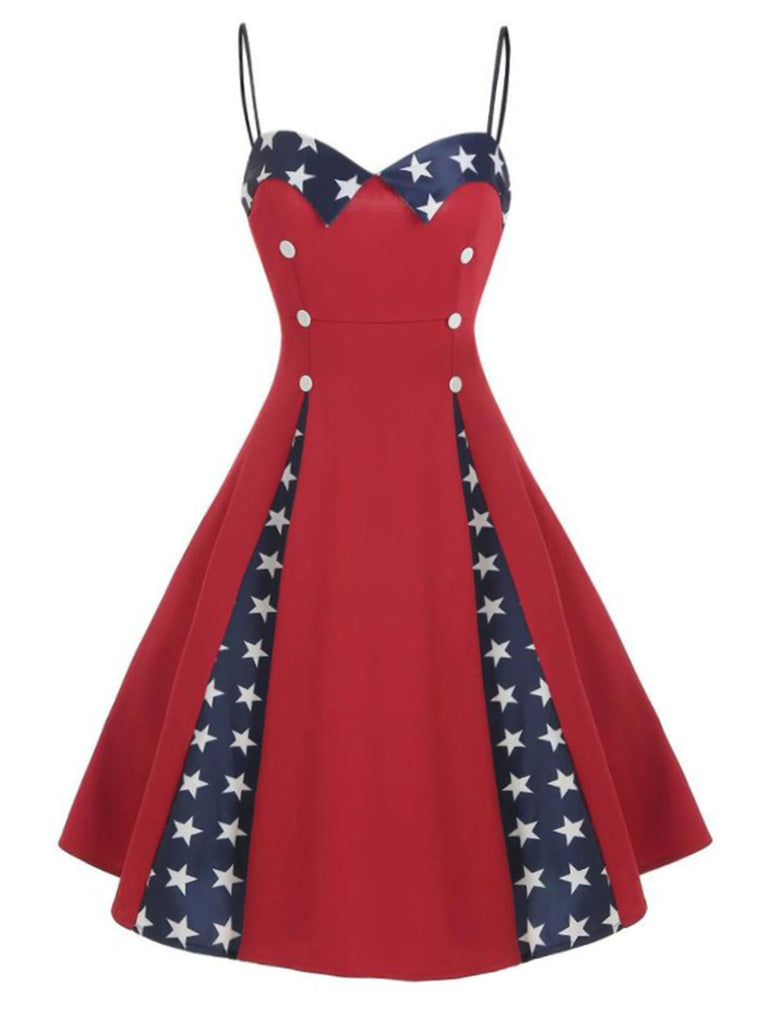 Red 1950s Stars Patchwork Strap Dress