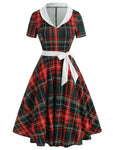 Plaid Print Polyester Vintage Short Sleeves Sleeves Above the Knee Swing-Skirt Dress With a Bow(s)