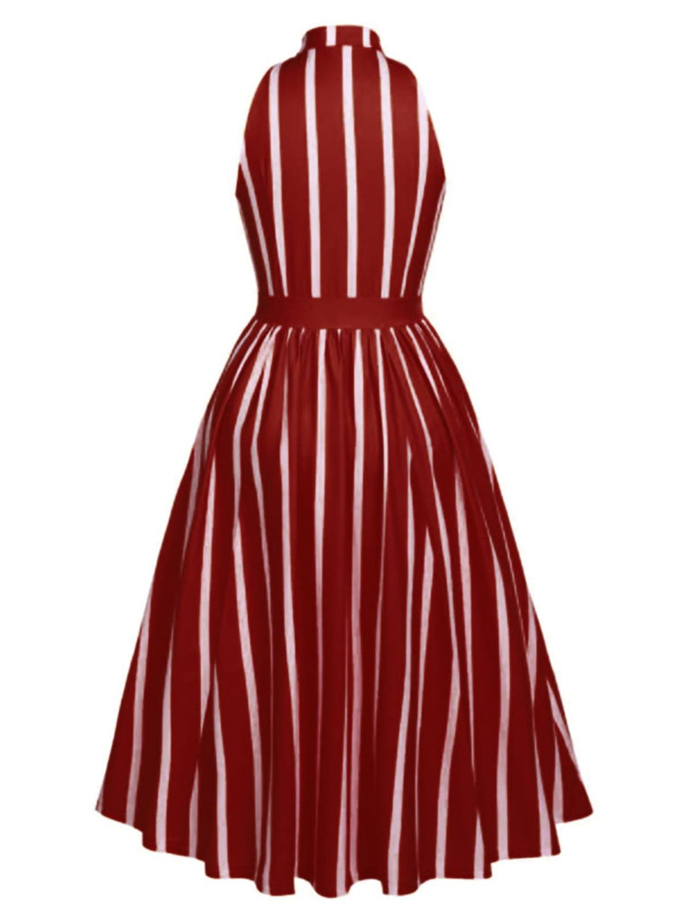 Wine Red 1950s Stripes Bow Swing Dress