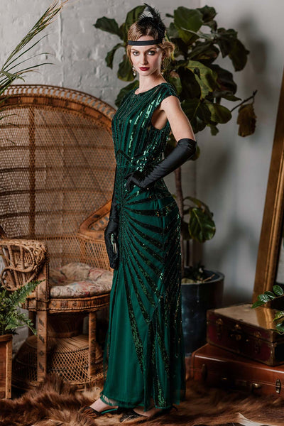 Green 1920s Sequin Art Deco Maxi Dress – Retro Stage - Chic Vintage ...