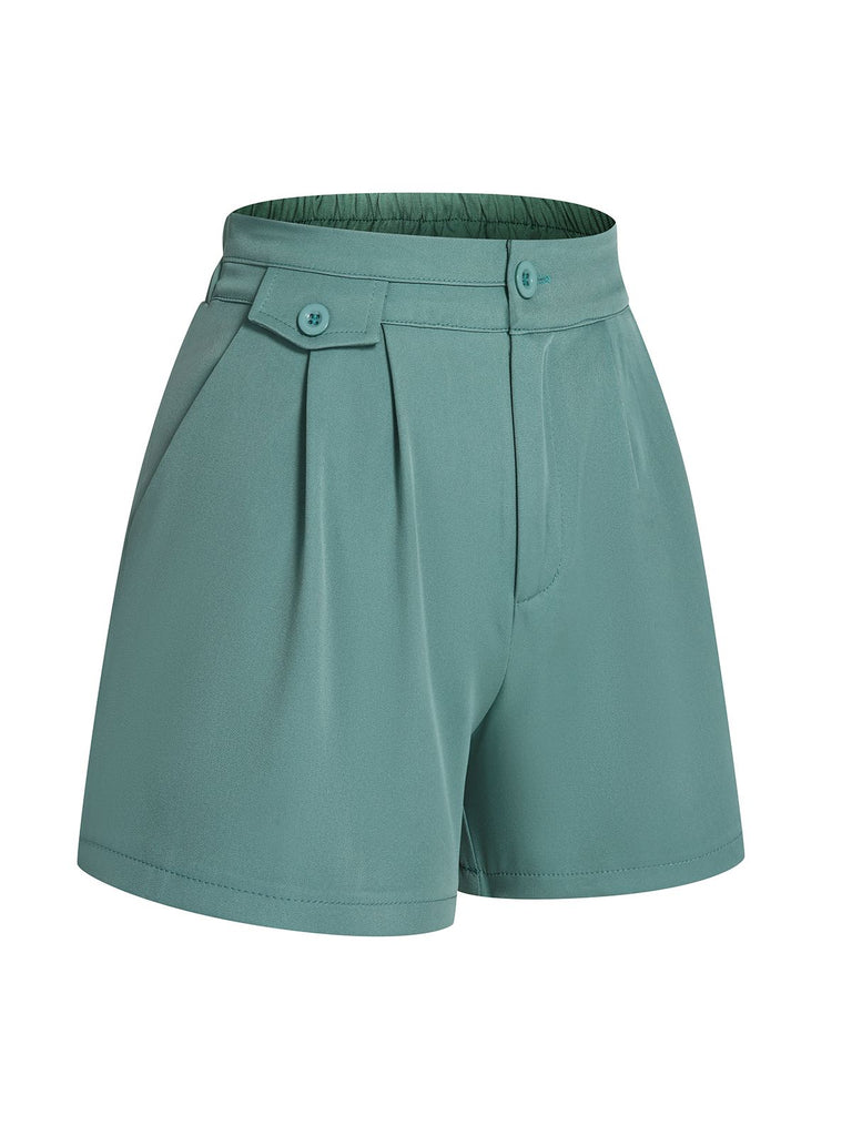 Mint Green 1950s Solid Pleating Decorative Pocket Shorts