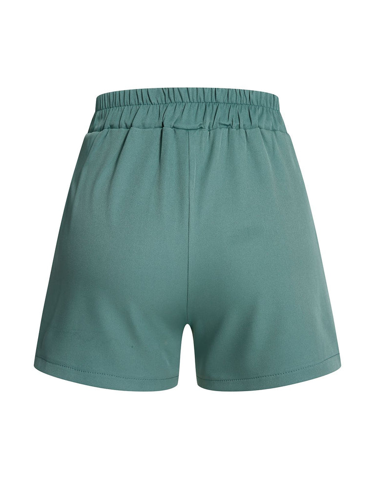 Mint Green 1950s Solid Pleating Decorative Pocket Shorts