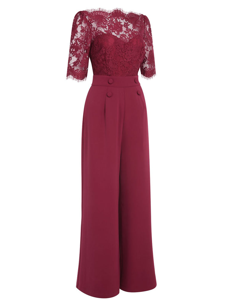 Wine Red 1930s Lace Patchwork Jumpsuit