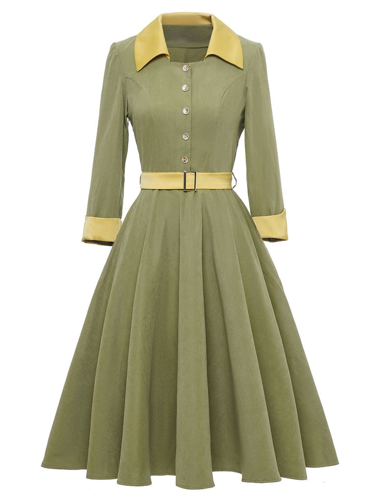 Green 1950s Solid Belt Swing Dress