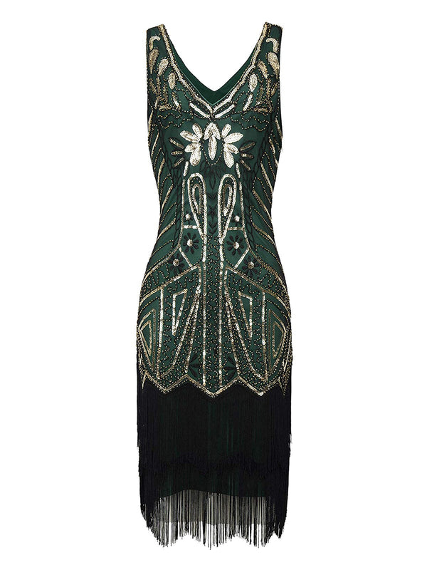 [US Only] Green 1920s Sequin Fringed Flapper Dress – Retro Stage - Chic ...