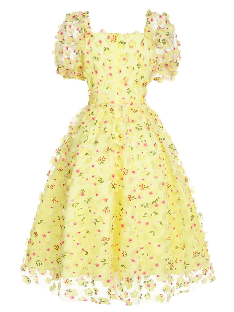 [Pre-sale] Yellow 3D Floral Puff Sleeves Swing Dress