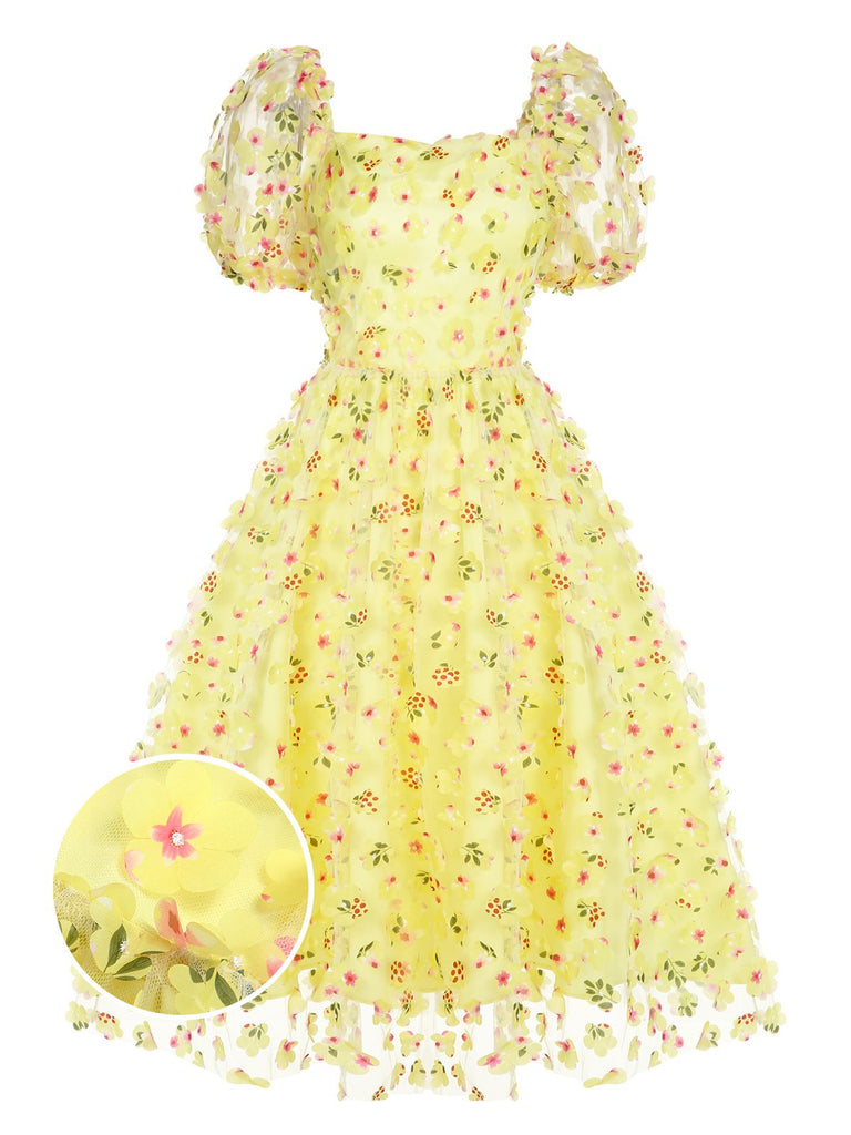 [Pre-sale] Yellow 3D Floral Puff Sleeves Swing Dress