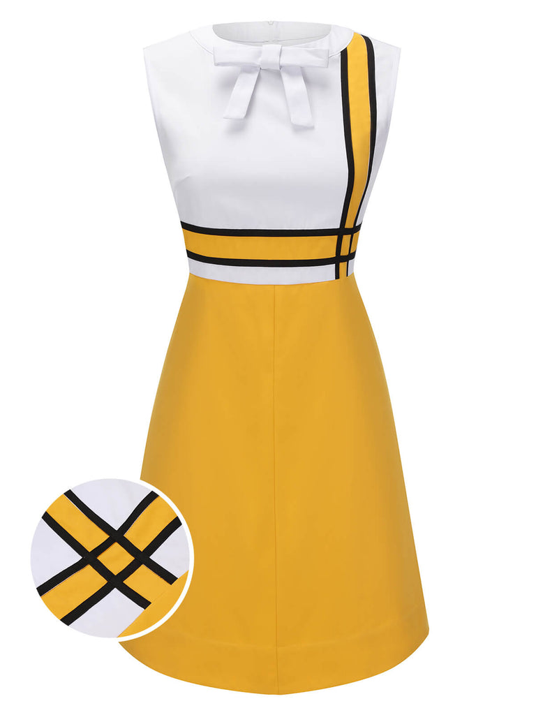 White & Yellow 1960s Bowknot Patchwork Dress