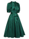 Dark Green 1940s Solid Belt V-Neck Dress