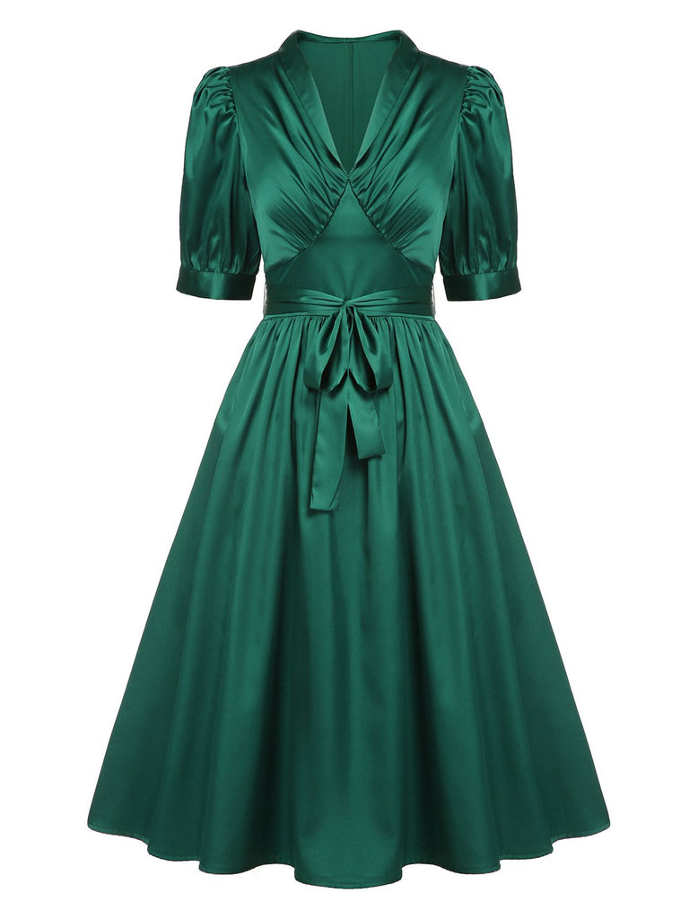 Dark Green 1940s Solid Belt V-Neck Dress