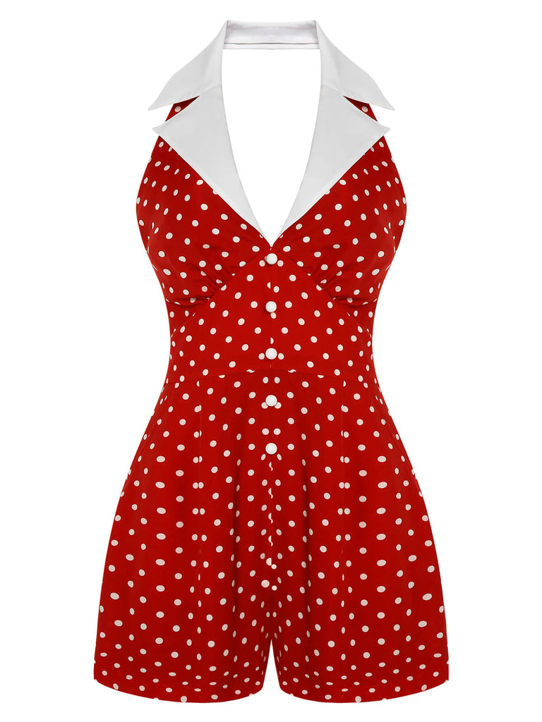 Red 1950s Halter Polka Dot Romper