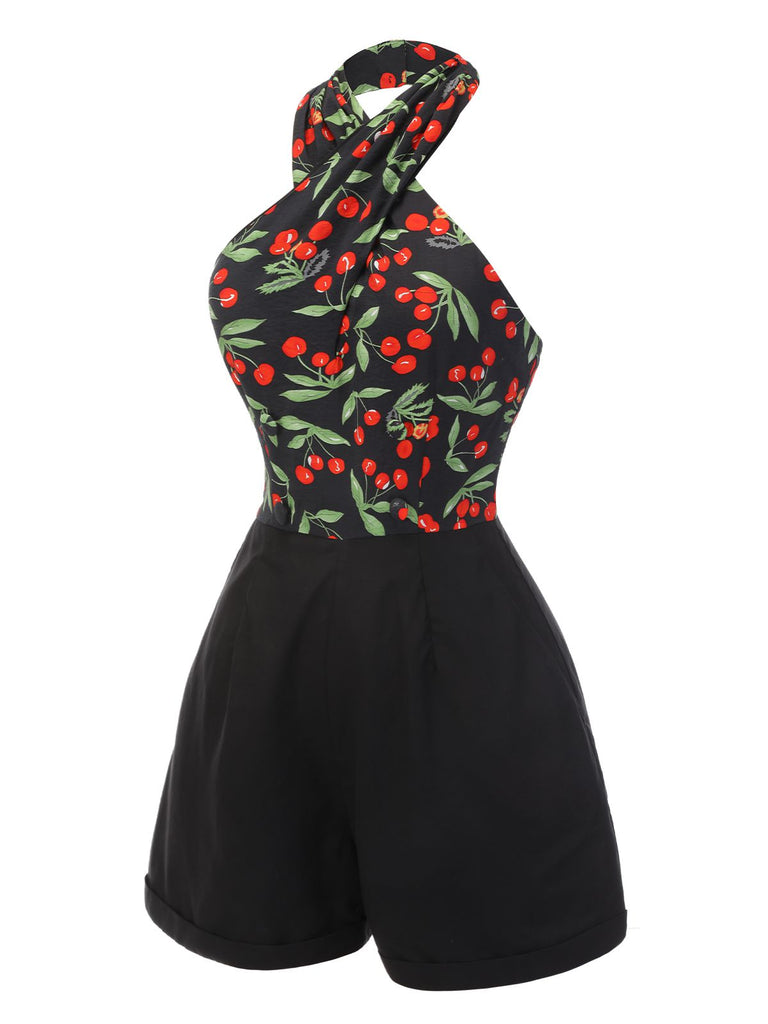 [Pre-sale] Black 1950s Cherry Cross Halter Romper