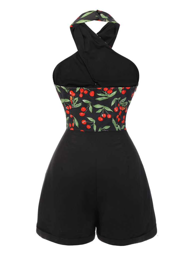 [Pre-sale] Black 1950s Cherry Cross Halter Romper