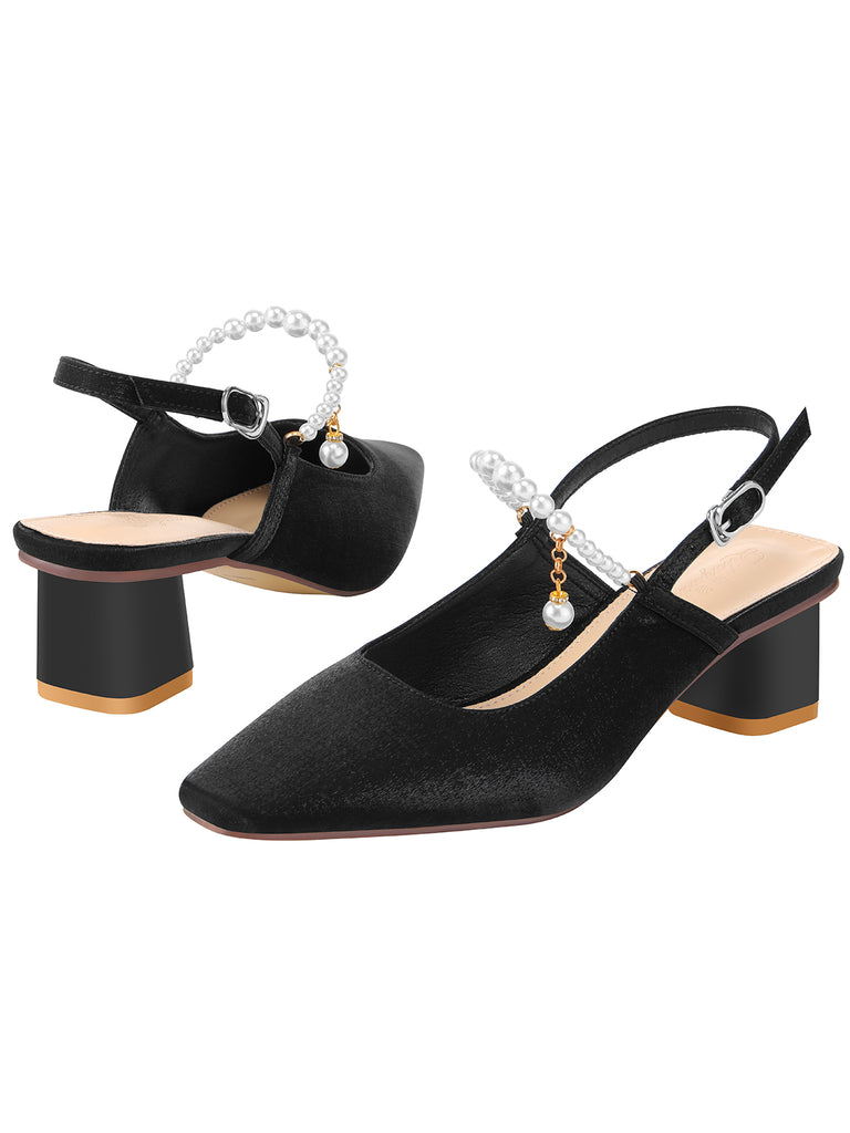 Black Velvet Satin Pearl Chunky Heel Shoes