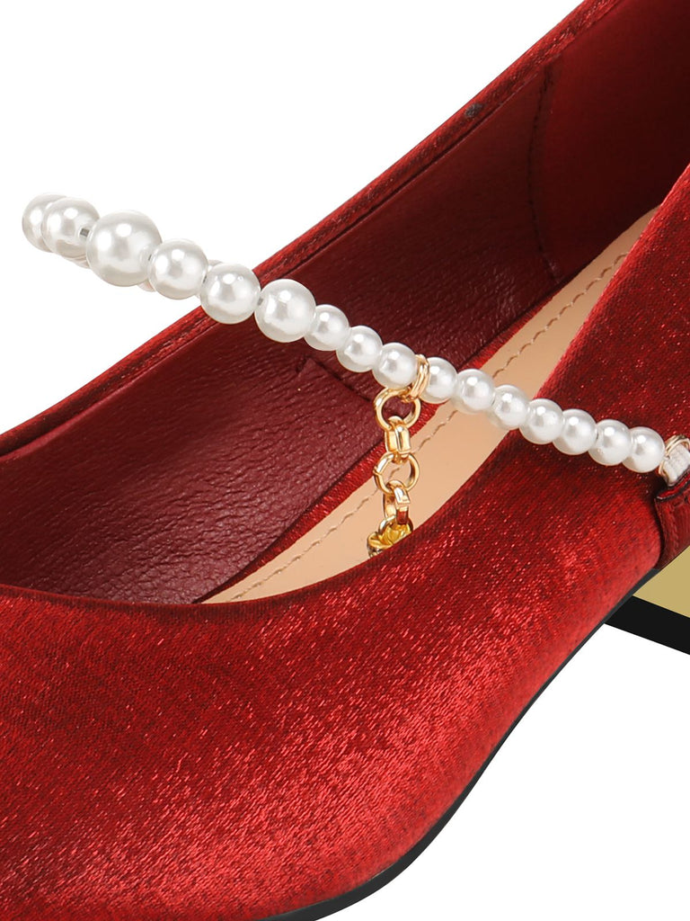 Red Velvet Satin Pearl Chunky Heel Shoes