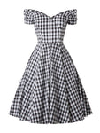 Off the Shoulder Cotton Swing-Skirt Plaid Print Above the Knee Vintage Back Zipper Fitted Dress
