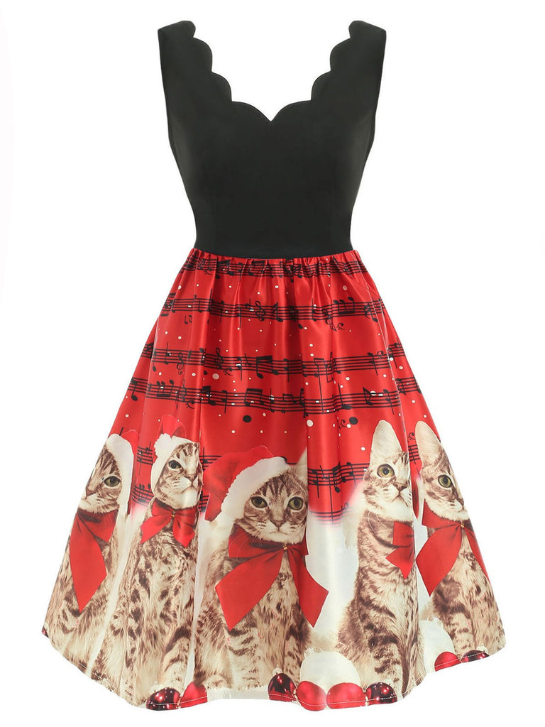 Red 1950s Christmas Cat Swing Dress 