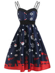 V-neck Fall Vintage General Print Cocktail Above the Knee Polyester Spaghetti Strap Party Dress