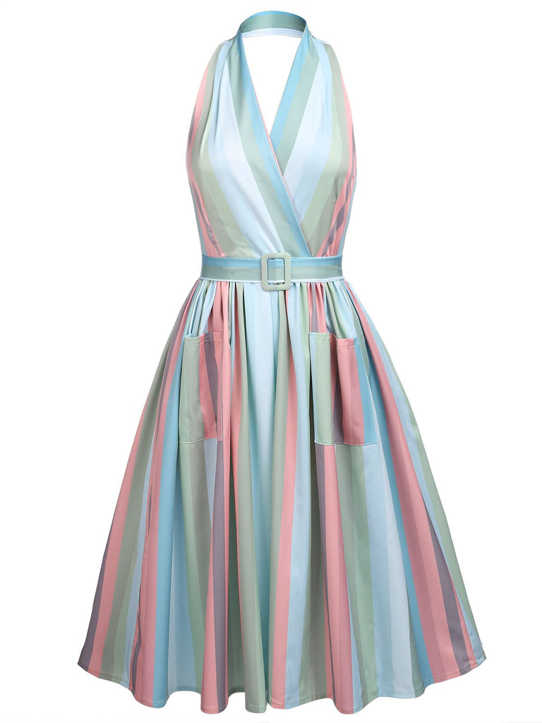 Rainbow 1950s Stripe Pocket Swing Dress