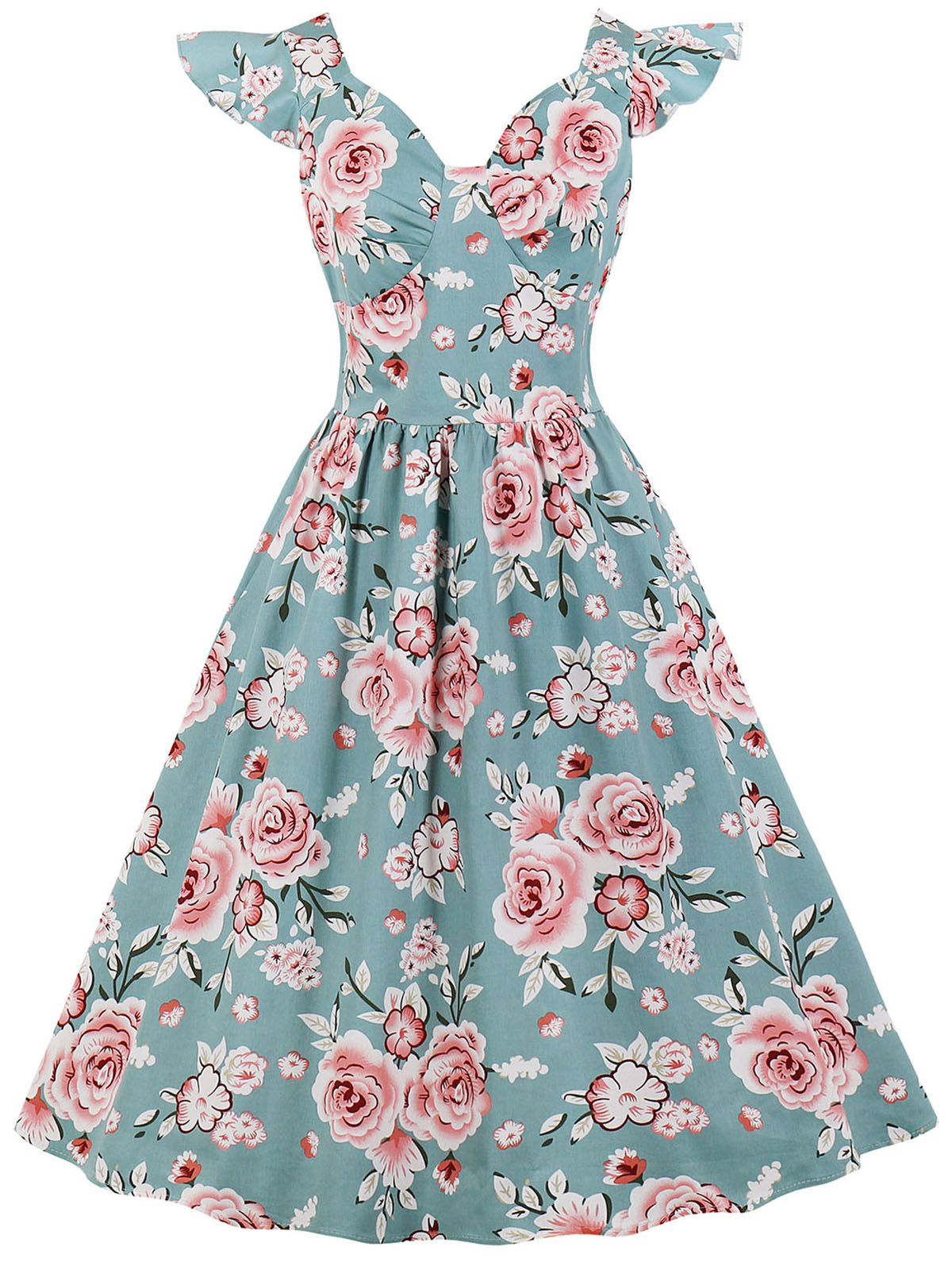 1950s Floral Flare Sleeve Swing Dress