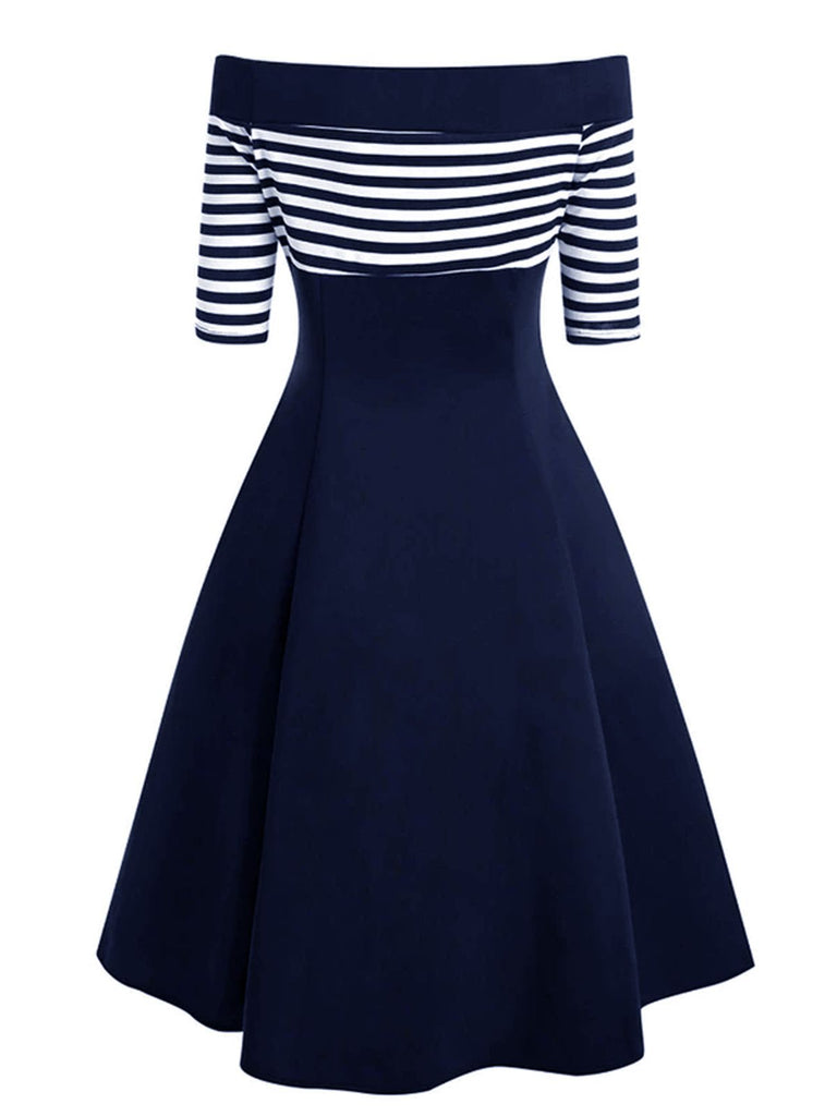 Navy 1950s Off Shoulder Swing Dress – Retro Stage - Chic Vintage ...