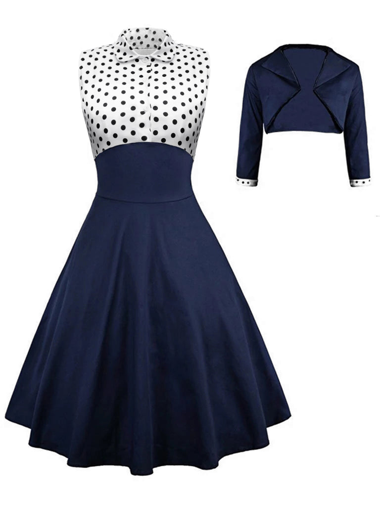 navy polka dot swing dress