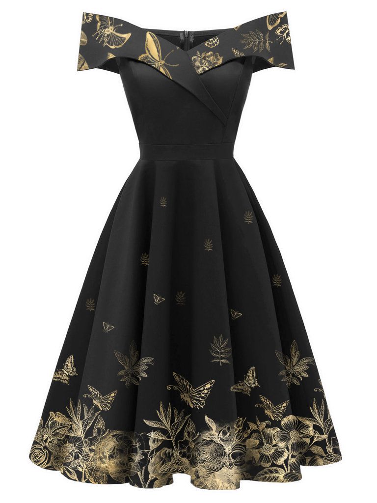 black 1950s butterfly swing dress