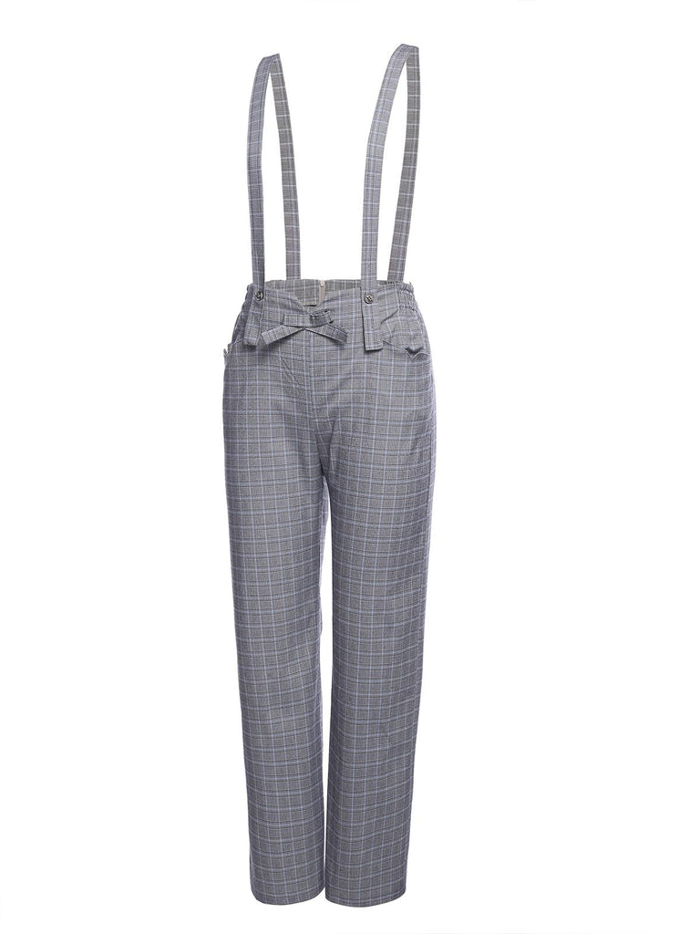 Gray 1950s Plaids Suspender Pants